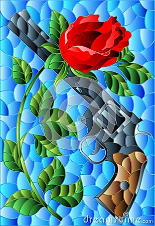 An illustration in the style of stained glass with crossed rose flower and revolver, on a blue background Stock Photo