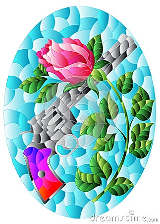 An illustration in the style of stained glass with crossed rose flower and revolver, on a blue background Stock Photo