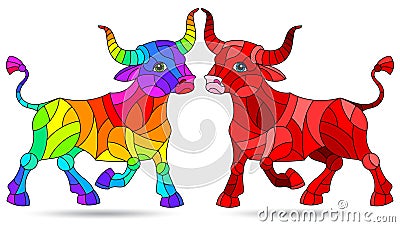 Illustration in the style of a stained glass window with an abstract brught bulls, animals isolated on a white background Vector Illustration