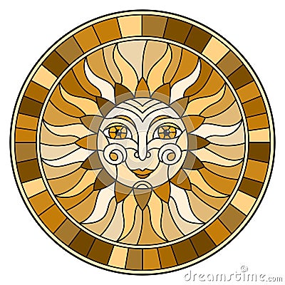 Stained glass illustration with abstract sun in frame,round image,brown tone Vector Illustration