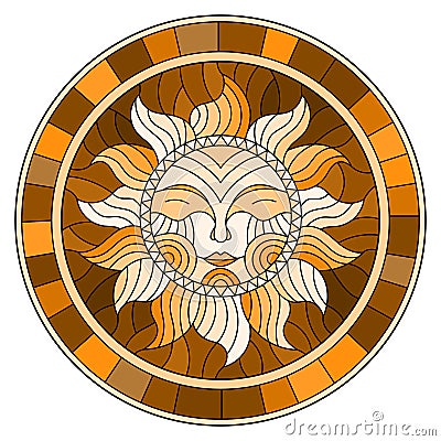 Stained glass illustration with abstract sun in frame,round image,brown tone Vector Illustration