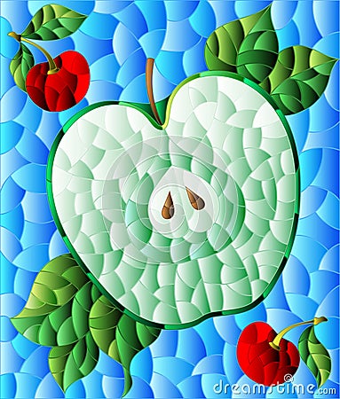 Illustration in the style of a stained glass window with a apple, cherries and leaves on a blue background Cartoon Illustration