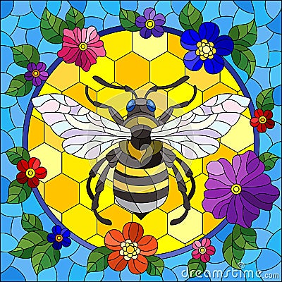 Stained glass illustration with a bee in a circle on a background of honeycombs and bright flowers, rectangular image Vector Illustration