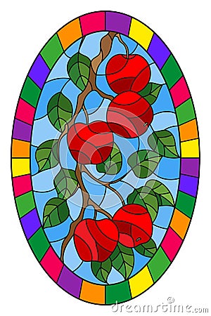 Stained glass illustration with the branches of Apple trees , the fruit branches and leaves against the sky,oval image in bright Vector Illustration
