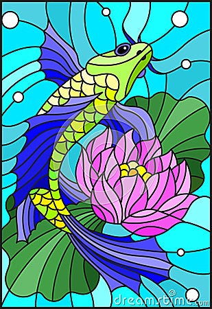 Stained glass illustration with a bright fish and a flower of a lotus against water and vials of air Vector Illustration