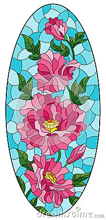 Illustration in the style of a stained glass window with a composition of pink poppies on a blue background Cartoon Illustration