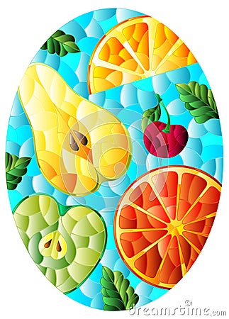 Illustration in the style of a stained glass window with juicy fruits and berries, on a blue background Vector Illustration