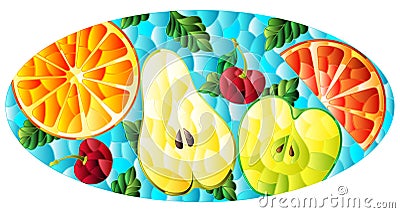 Illustration in the style of a stained glass window with juicy fruits and berries, on a blue background Vector Illustration
