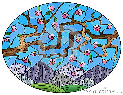 Stained glass illustration with a landscape, sakura branches against the background of mountains and sky Vector Illustration