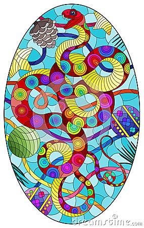 Illustration in the style of a stained glass window with a snake hand on the background of Christmas toys Cartoon Illustration