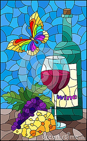 Stained glass illustration with a still life with a bottle of wine, cheese and grapes, a still life on a blue background, a rectan Vector Illustration