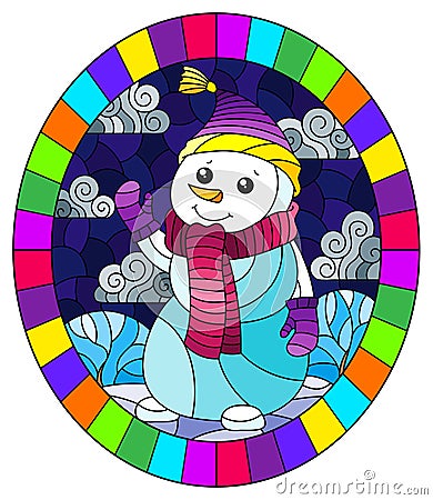 Stained glass illustration on the theme of winter holidays, a cheerful cartoon snowman in a hat and scarf, against the background Vector Illustration