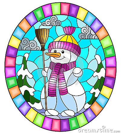 Stained glass illustration on the theme of winter holidays, a cheerful cartoon snowman in a hat and scarf, against the background Vector Illustration