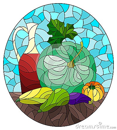 Stained glass illustration with a vegetable still life, vegetables on a blue background,oval image Vector Illustration