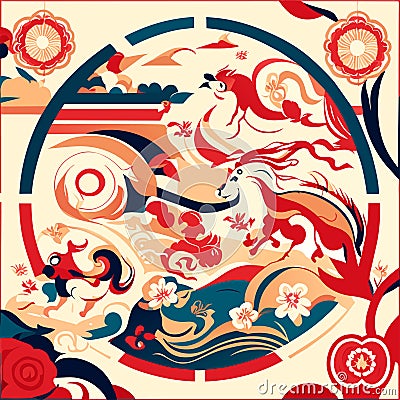 Illustration of a stylized Chinese paper-cut style background. AI generated Vector Illustration