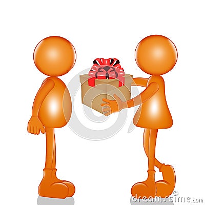 Illustration of stylized little woman gives gift to man Cartoon Illustration
