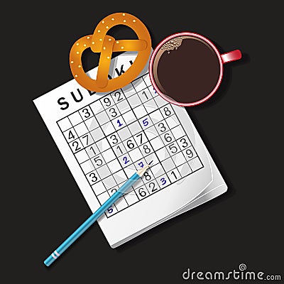 Illustration of Sudoku game, mug of coffee and pretzel Vector Illustration