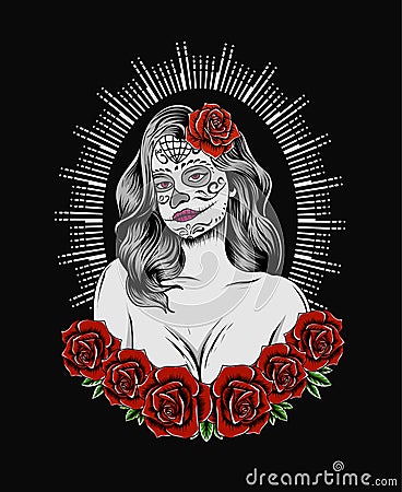 Illustration sugar skull woman with rose flower Vector Illustration