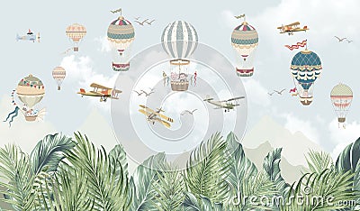Balloons planes transport on the background of blue sky with clouds soaring birds exotic leaves green on the background Cartoon Illustration
