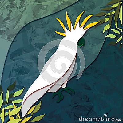 Yellow and Green Sulphur-Crested Cockatoo Illustration against a Blue Green Background Stock Photo