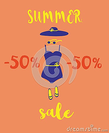 Illustration of summer discounts, sale. Beach accessories and handwritten font. Hat, swimsuit, sunglasses, beach slippers. Fashion Cartoon Illustration