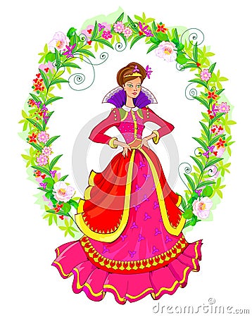 Illustration of summer flower princess in fashionable medieval dress. Book cover for children fairy tale. Beautiful girl. Print Vector Illustration