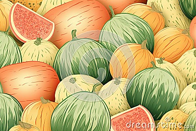 Illustration of summer fresh watermelons with melons, background Stock Photo