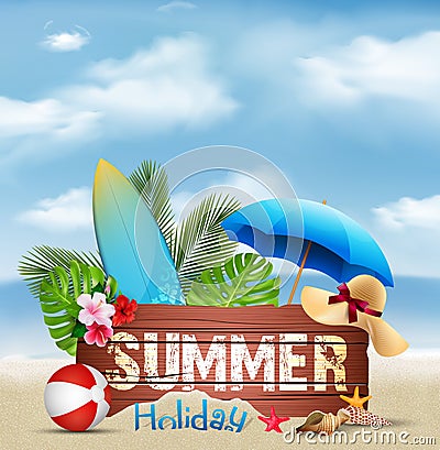 Summer holiday background with a wooden sign for text and beach elements Vector Illustration