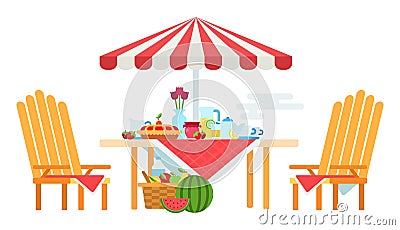 Illustration of a summer picnic table set and chairs under an umbrella vector icon flat isolated Vector Illustration