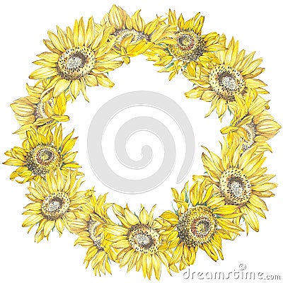Illustration of a Sunflowers. Wreath in watercolor style. Beautiful round. Decor for invitations, greeting cards Stock Photo