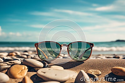 illustration of a sunglasses on the beach sand. Concept of a beach vacation. Generative AI Cartoon Illustration