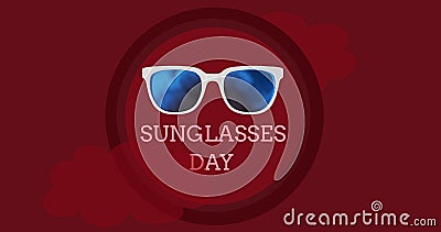 Illustration of sunglasses with sunglasses day text in circle with clouds on maroon background Stock Photo