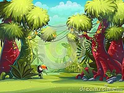 Illustration sunny morning in the jungle with bird toucan Vector Illustration