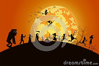 Illustration sunset background concept,many people with men and women wearing as ghost and devil for festival halloween Vector Illustration