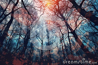 Sunset in the forest, Nature background, Sunlight through the trees Cartoon Illustration