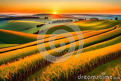 Sunset over fields of wheat in Tuscany, Italy Cartoon Illustration
