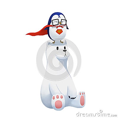 Illustration: The Super Penguin and Polar Bear isolated on White Background. Stock Photo