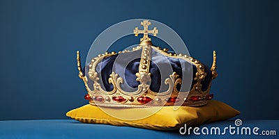 Illustration of Swedish Royal Crown on pillow on swedish flag colours background. Symbols of Sweden monarchy. Generative AI Stock Photo