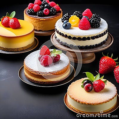 Mousse cake with sponge cake and cream at the black background Cartoon Illustration