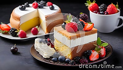 Mousse cake with sponge cake and cream at the black background Cartoon Illustration