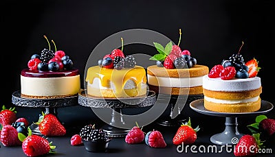 Mousse cake with sponge cake and cream at the black background Cartoon Illustration