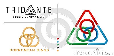Illustration of a symbol borromean rings with triangle round. three colors design red green blue, black white, and golden color Vector Illustration