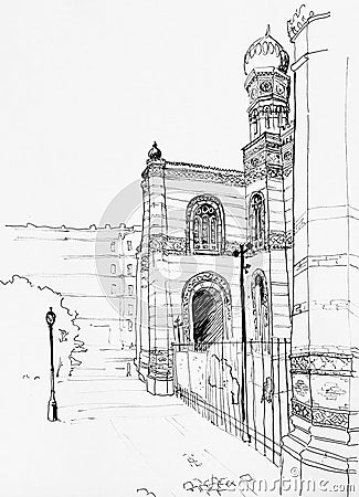 Illustration of Synagogue in Budapest, ink hand drawn urban sketch on white background Stock Photo