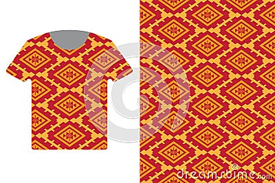 Illustration of T-Shirt Design Template with Geometric ethnic pattern traditional. Stock Photo