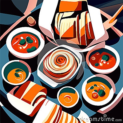 illustration of a table full of soups and soups. generative AI Vector Illustration