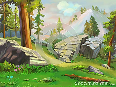 Illustration: Take a short rest in the mountain woodland. Stock Photo