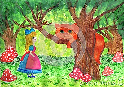 Illustration for the tale of Lewis Carroll Alice`s Adventures in Wonderland. Child`s drawing Stock Photo