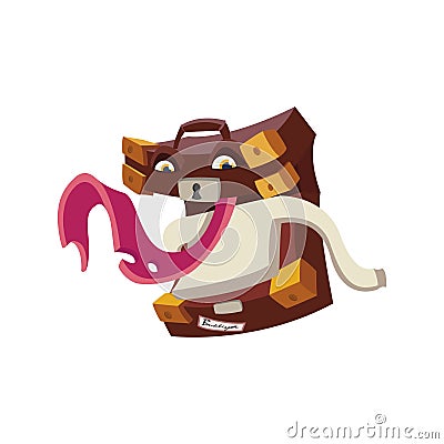 Illustration talking vintage suitcase with eyes and mouth out of which sticks out a sweater Vector Illustration