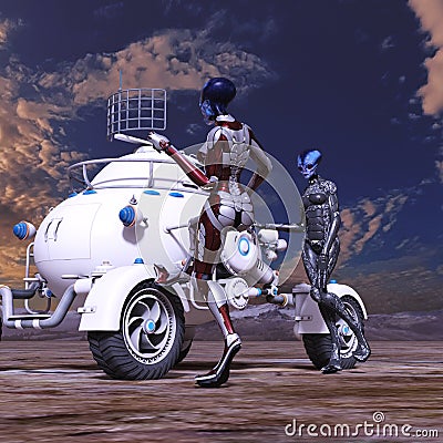 Illustration of a tall extraterrestrial kicking a space buggy with another alien watching on a dry world Cartoon Illustration