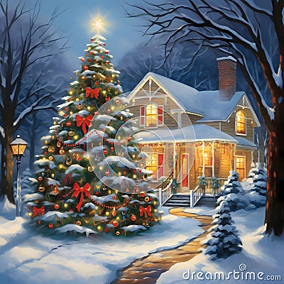 Illustration of a tall, richly decorated Christmas tree with a star in the background a lighted house, snow all around. Christmas Vector Illustration